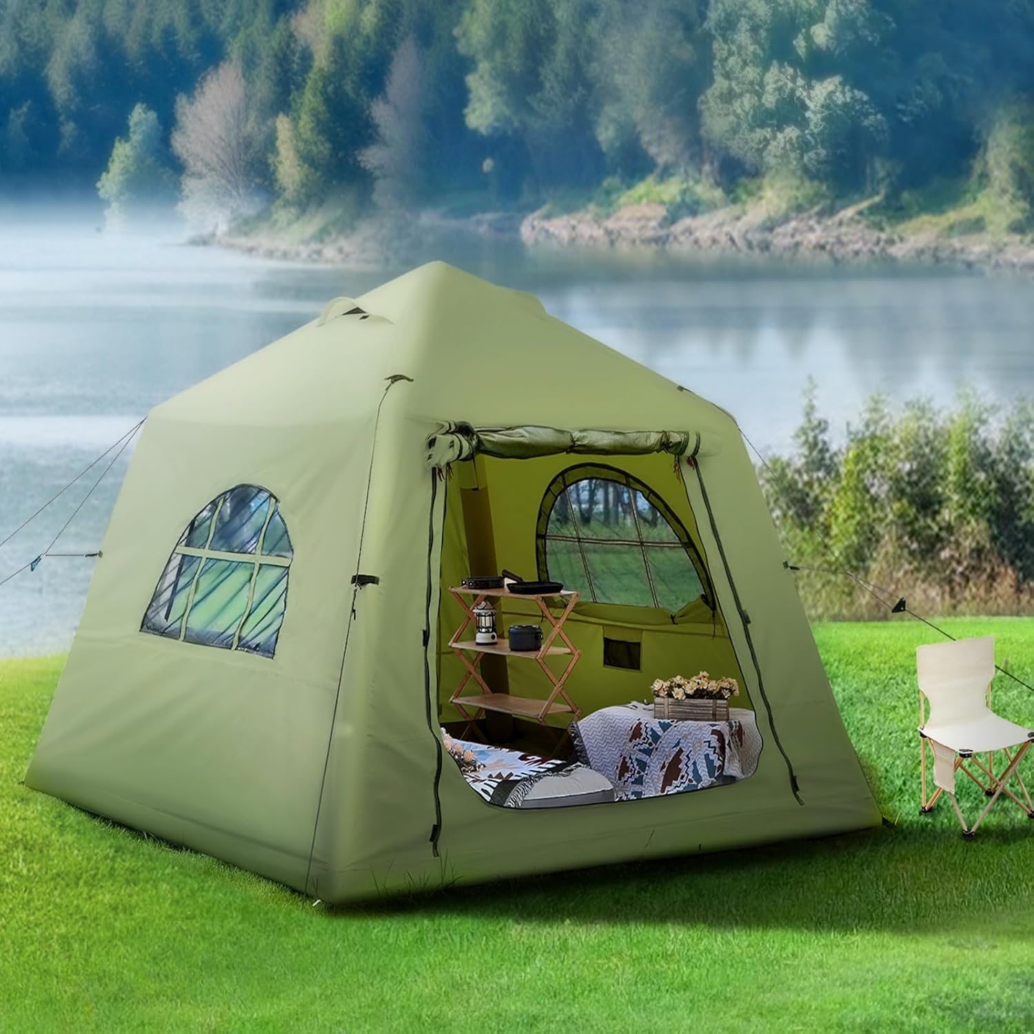 717qwXXLKZL._AC_SL1500_.jpg Inflatable House-Style Camping Tent, Waterproof, No Assembly Required, Luxurious and Spacious - Image 1