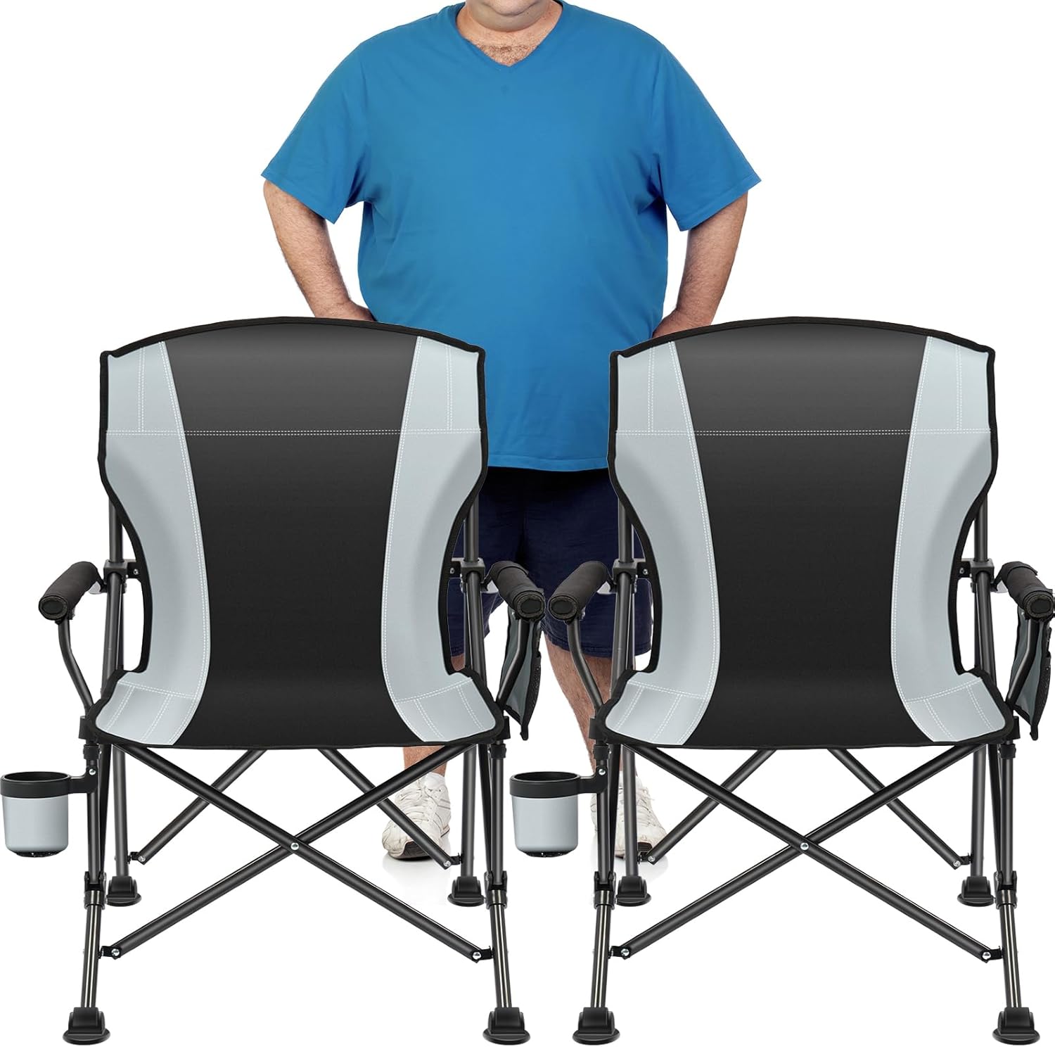 719UR4oSFsL._AC_SL1500_.jpg Extra-Large Load-Bearing Folding Camping Chairs (2-Pack), with Side Pockets, Black/Grey - Image 1